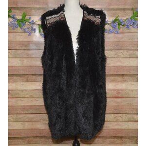 L Love Boutique Black Furry Shaggy Long Open Front Sweater Vest Womens Size 2XL